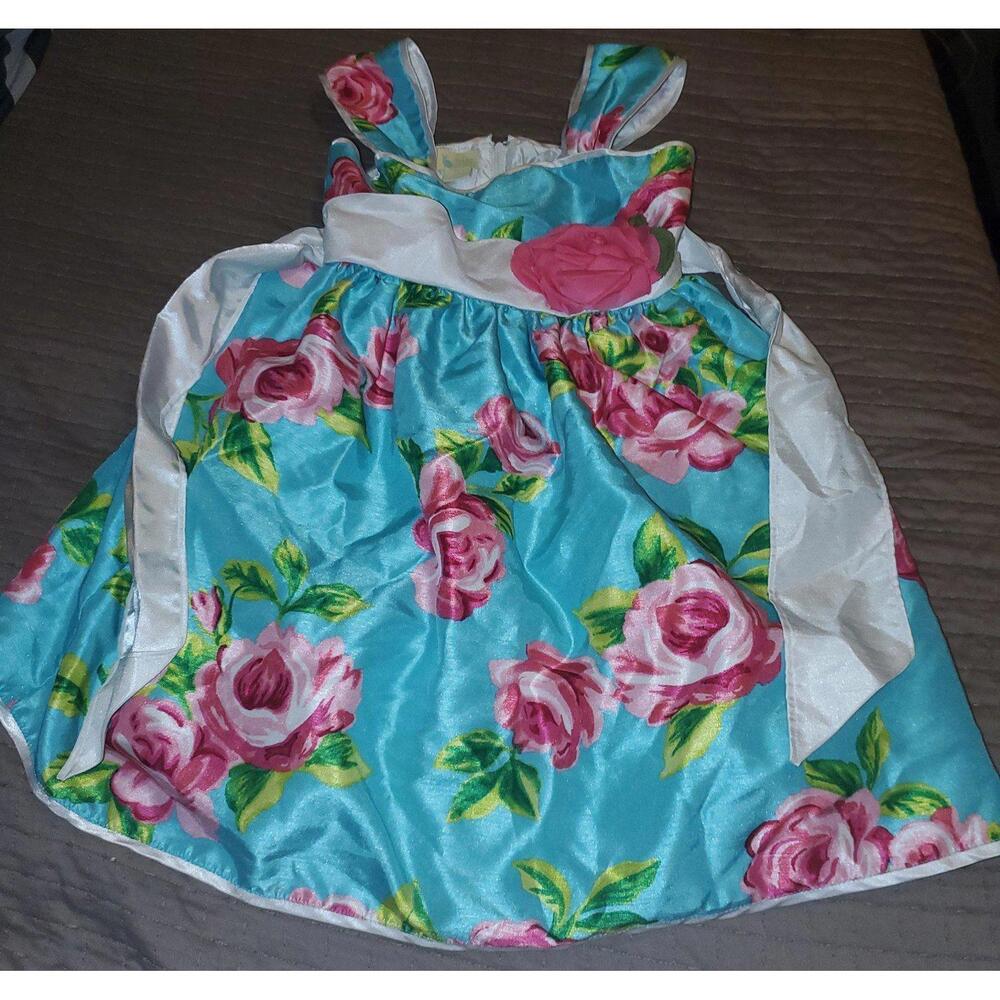 Girls Floral Dress Size 6/6X Blue Pink Roses Bow Sleeveless Party Dress